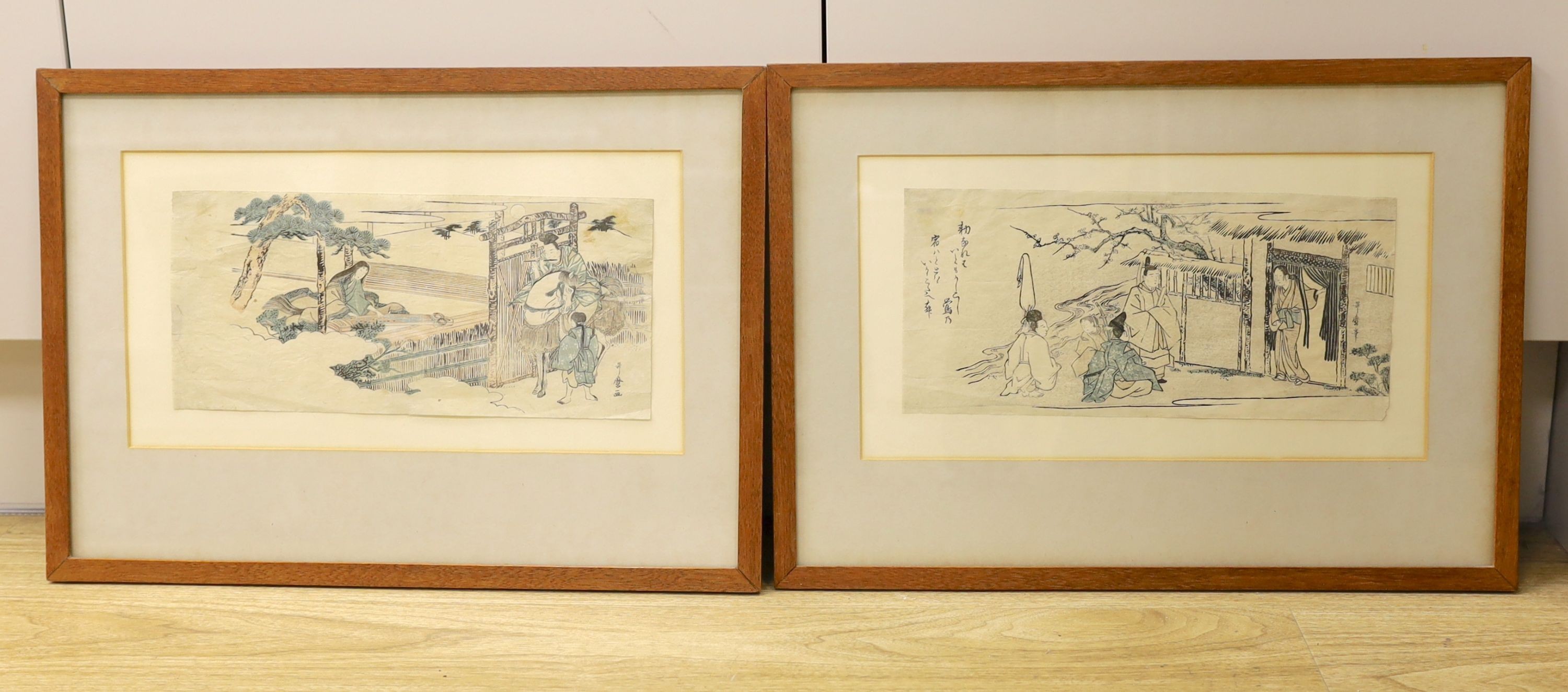 Utamaro II (fl.1804-1818) two woodblock prints, Yoshitsune serenading Joruri Kime and Genji visiting a lady, 14.5 x 31cm